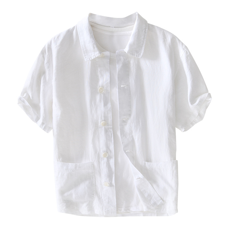 Men's Linen Short-sleeved Shirt Breathable Thin Cardigan for Summer